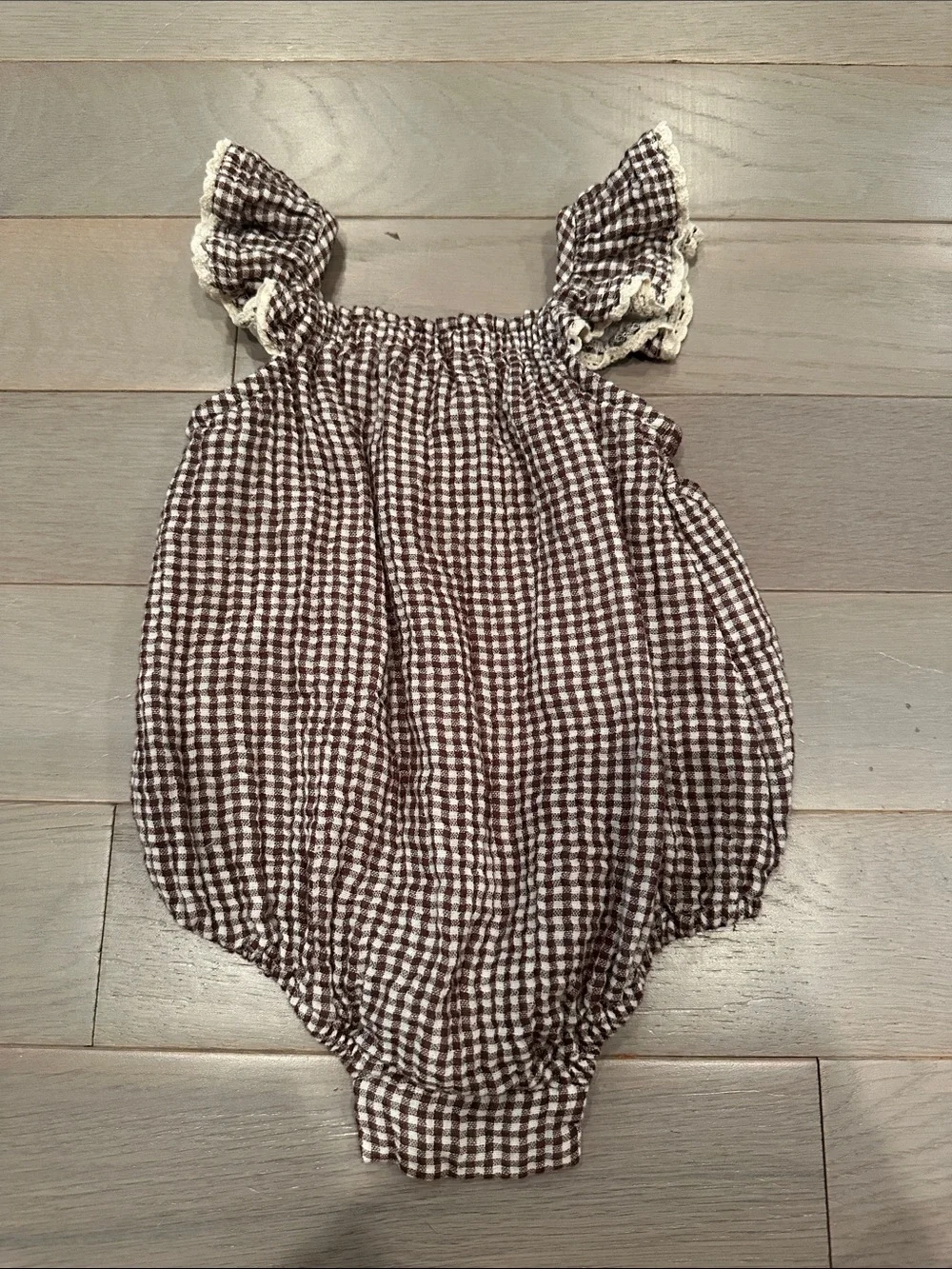 Gingham Ruffle Strap Baby One-Piece in Brown